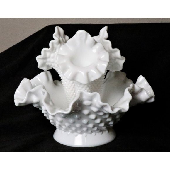 Vintage Fenton Hobnail Milk Glass Centerpiece Bowl with Horn Bud Vases 4 Piece